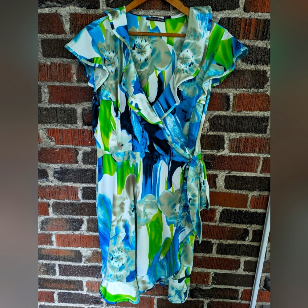 Blue & Green Floral Wrap Midi Dress with Tie Waist